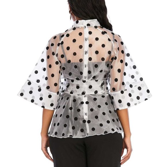 White Boho Womens Polka Dot Belted Organza Top - Picture 2 of 5